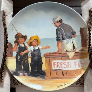 Knowles Ceramic Plate with Fisherman Scene - Yellow, Blue, Brown